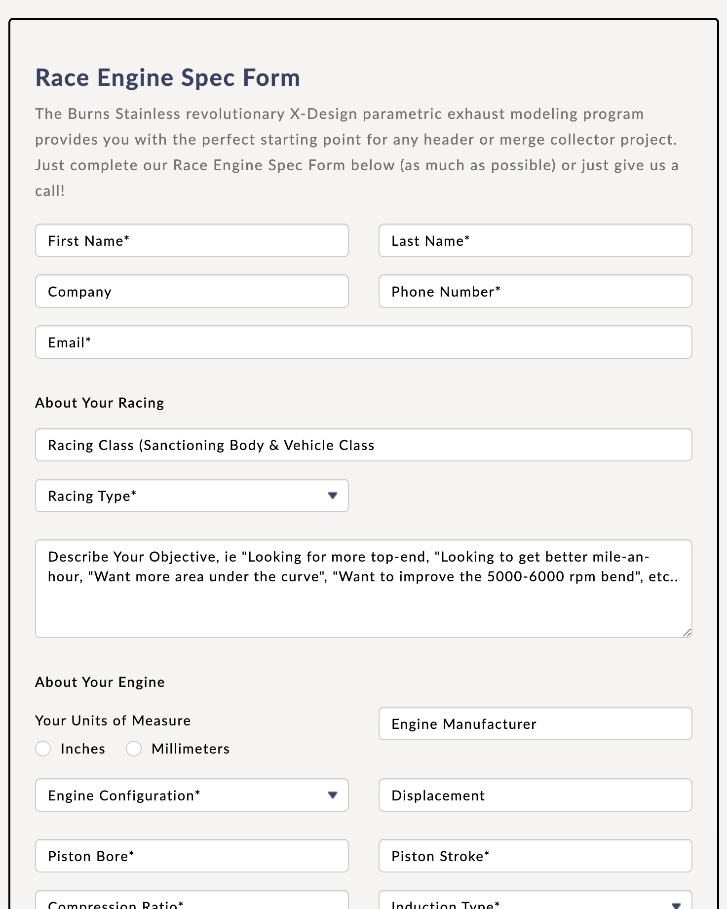 race engine spec form